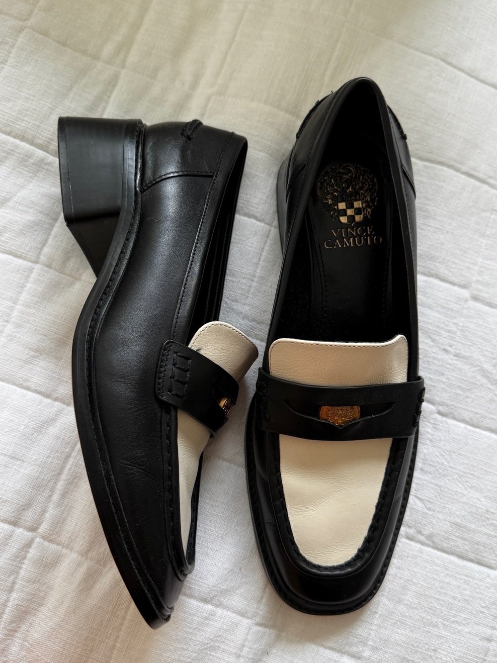 Vince Camuto Black and White Leather Penny Loafers